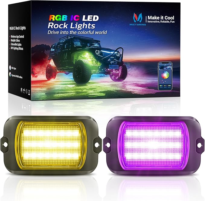 MICTUNING 2026 1000% Bright Q1 MAX RGB+IC LED Rock Lights, 48 LEDs 2 Pods Chasing Dreamcolor Extensible Underglow Multicolor Neon Light Underbody Lighting Kit for Truck ATV UTV Boat (No Controller)