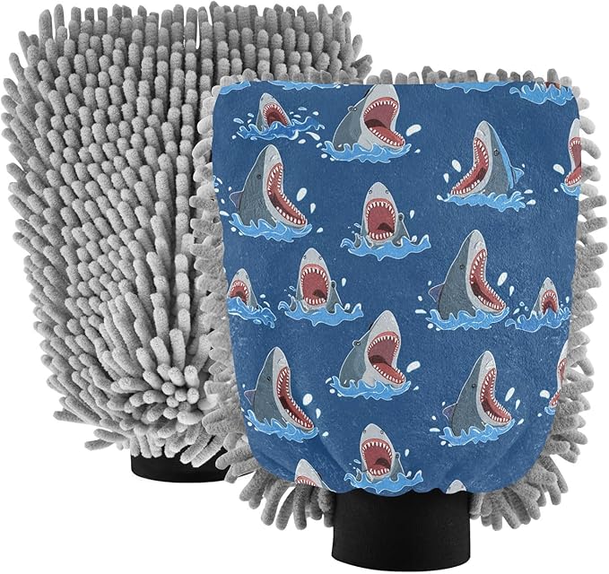 Qilmy Cartoon Sharks Pattern Microfiber Chenille Car Wash Sponge Scratch Free Car Wash Mitt Absorbent Mitt Sponge for Trucks SUVs Car Washing Home Cleaning, Medium