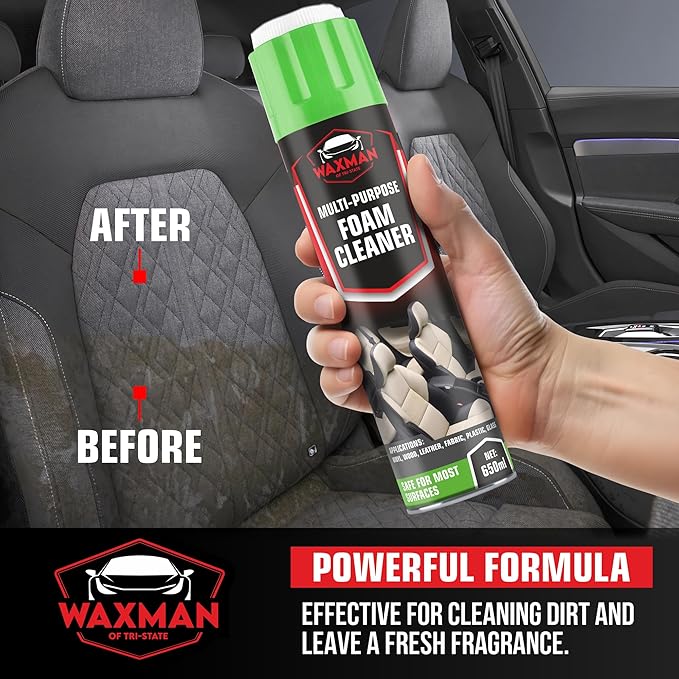 Car Interior Foam Cleaner with Soft Brush Cap – Multi-Purpose Deep Cleaning Foam Spray for Leather, Vinyl, Fabric, Plastic – Safe Non-Drip Formula, Fresh Scent, 22 oz