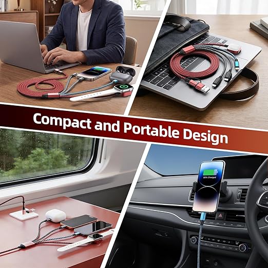 Travel Essentials Dual Type-C Port 4 in 2 Multi Charging Cable for iWatch Charger/iPhone 17/IP, Cruise Vacation Camping Essentials 2026 for iWatch 11-2/Ultra,iPhone 17-8, GalaxyS26-S21,Car -2Pack,5FT