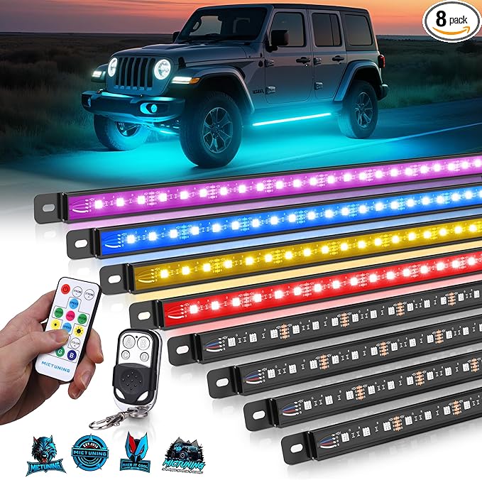 MICTUNING U8 RGB Underglow LED Light Bar, Dual Remote Control, Multicolor Underbody Light Strip with Aluminum Housing, Car SUV Exterior Neon Accent IP68 Waterproof, 8pcs