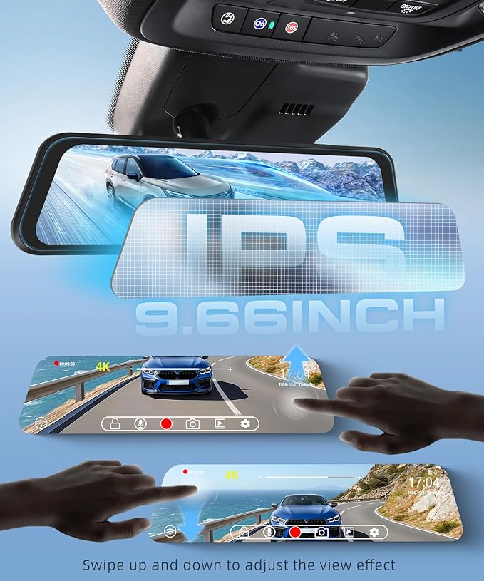4K Mirror Dash Cam 9.66 Inch IPS Touchscreen Front and Rear View Dual Cameras, Night Vision, WiFi APP Control, G Sensor, Parking Assistance, Included 64GB Card & GPS