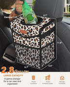 Pritent Car Trash Can with Lid, Cute Leakproof Car Trash Garbage Bag Hanging Vehicle Trash Bin Small Portable Automotive Garbage Cans Organizer for Back/Front Seat/Console(2.8 gal,Leopard