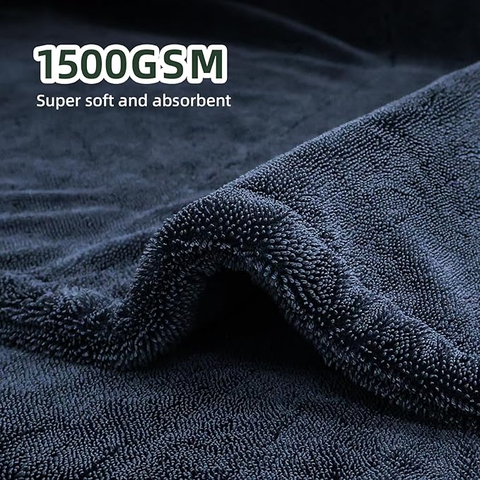 2-Pack 24" x 36" 11.8" x 11.8" Twisted-Loop Car Drying Towel 1500GSM Microfiber Cleaning Cloth for Car Trucks Motorcycles Streak Free Lint Free Ultra Absorbent Washing Cloth for Kitchen Window (Blue)
