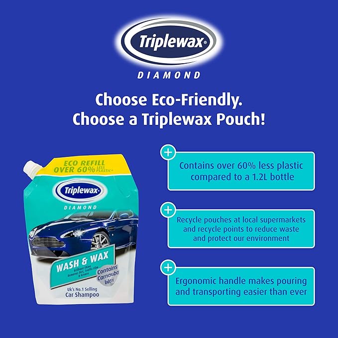 Triplewax Wash and Wax – Car Shampoo Pouch for a Streak-Free Glossy Finish, 40 fl oz