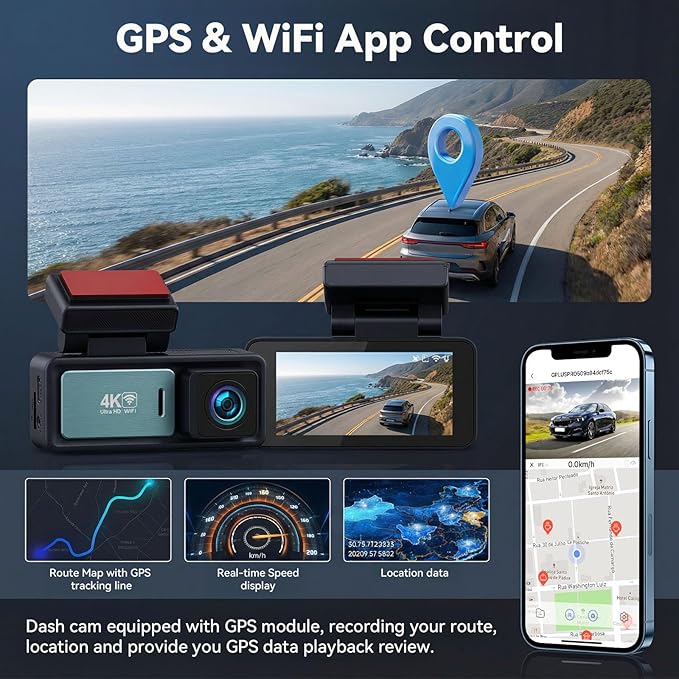 SIXTOP 4K Dash Cam Front and Rear, Built-in GPS & WiFi Dual Dash Camera for Cars 64G Card Included, 4K+1080P 3.16'' IPS Screen, Night Vision, G-Sensor, Loop Recording & 24H Parking Mode Wide Angle