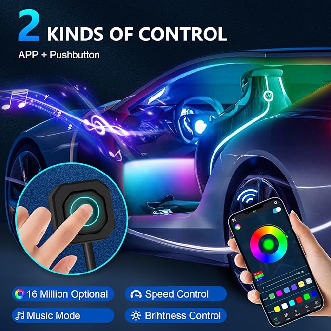 WEBUPAR Acrylic Interior Car Lights - 6 in 1 LED Strip Lights with APP Control, 175 inches 593 LEDs Fiber Optic Lights, RGB Neon Car Ambient Lighting Kit