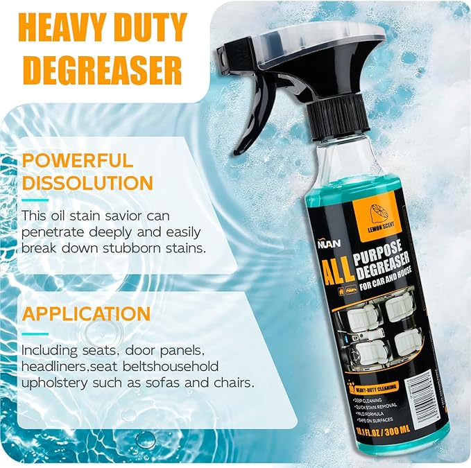 NUAN 2PCS All Purpose Degreaser for Car and House, Lemon Scent Mulit Heavy-Duty Cleaning Spray, Quick Stain Removal Foam Cleaner, 10.1 fl oz/300 ML