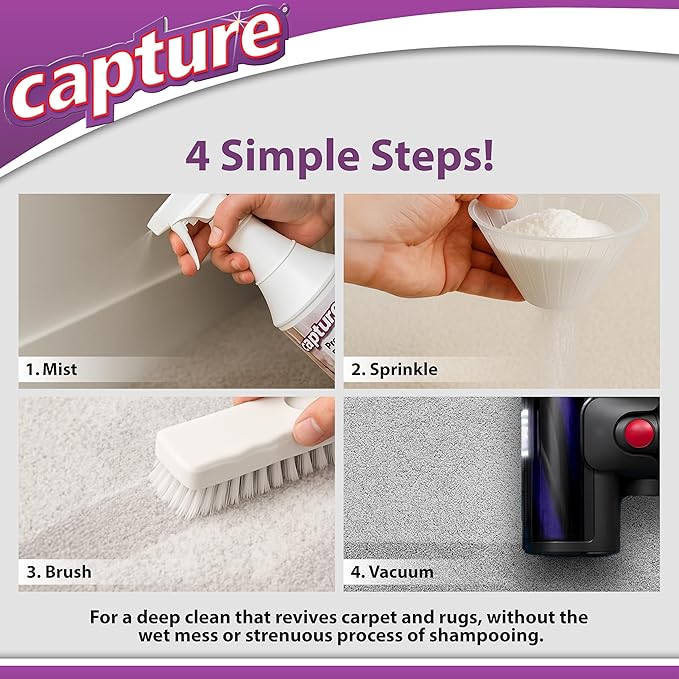 Capture Carpet & Rug Dry Cleaner w/Resealable lid - Home, Car, Dogs & Cats Pet Carpet Cleaner Solution - Strength Odor Eliminator, Stains Spot Remover, Non Liquid & No Harsh Chemical (4 Pound)