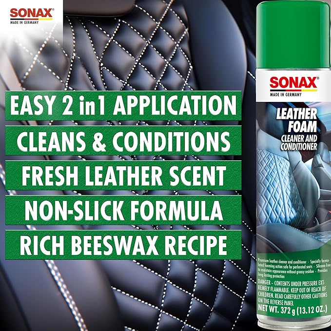 SONAX Leather Foam 289300 | 2 in 1 Aerosol Leather Cleaner and Conditioner | Safe to Use on Perforated Air Conditioned/Heated Seats | UV Protection Prevents UV Damage | 13.02 oz