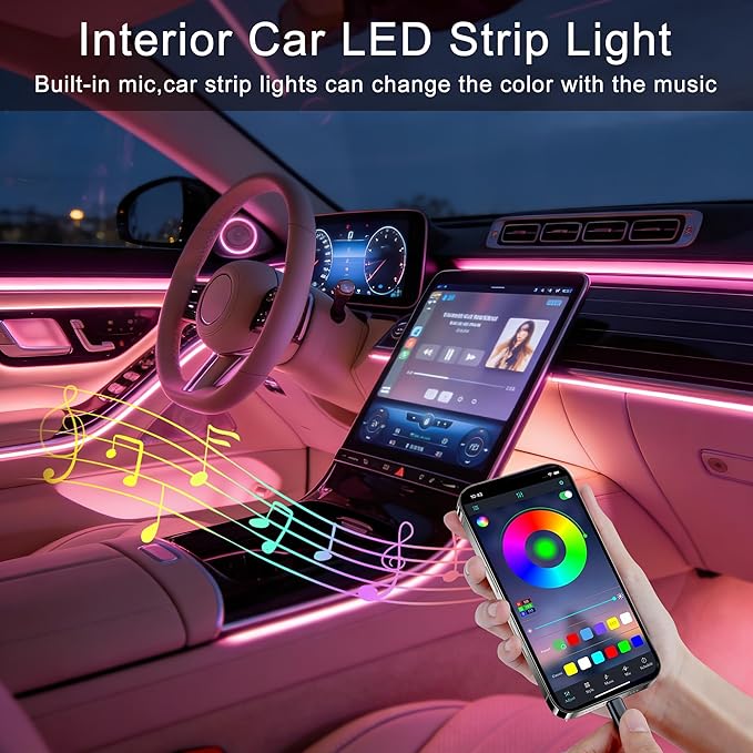 LED Lights for Car Interior - 5 in 1 Wireless Ambient Lighting Kit with 236" Fiber Optic, 16 Million Colors, APP Music Sync - Car Neon Lights for Cars, Trucks, SUVs（USB）