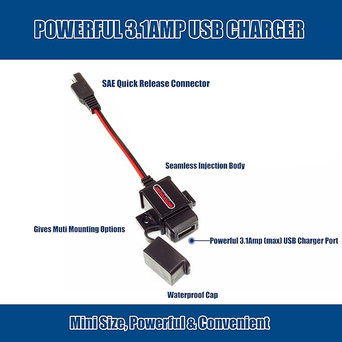 MOTOPOWER MP0609 3.1Amp Motorcycle USB Port SAE to USB Adapter