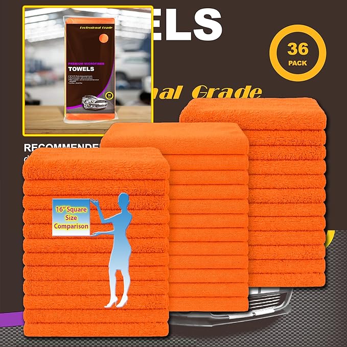 Large Microfiber Cleaning Towels, 36-Pack, Ultra Soft Plush Washcloths, Professional Grade Premium Microfiber Detailing Cleaning Cloth for Car, Household and Commercial (Orange, 16" x 16")