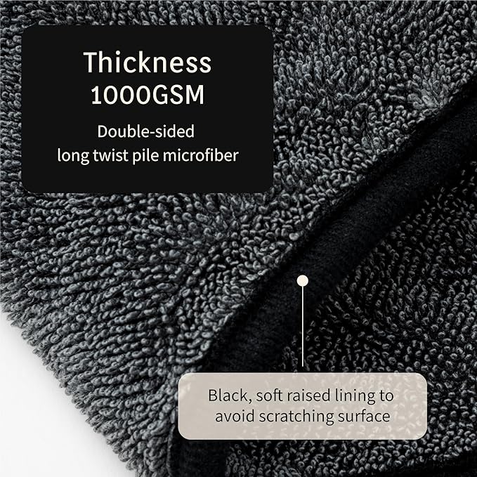 Twist Pile Extreme Absorbency Car Drying Detailing Soft Microfiber Towel 1000gsm (2-Pack, 33.4" x 29.5")