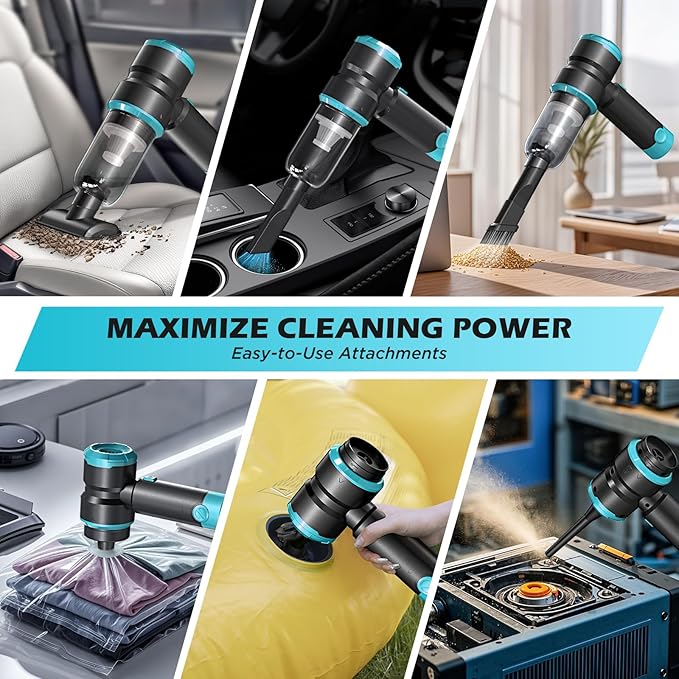 Handheld Car Vacuum Cleaner, 4-in-1 Cordless Rechargeable Mini Vacuum with Air Duster – Quickly Clean Crumbs, Pet Hair & Crevices in Car, Office, Home. Ideal for Commuters & Office Workers (Gold)