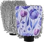 Kigai Purple Flowers Car Wash Mitt 2PCS Ultra Absorbent Chenille Microfiber Car Washing Glove Scratch Free Lint Free Wash Sponge Auto Cleaning Glove, 11.8x8.1 inch