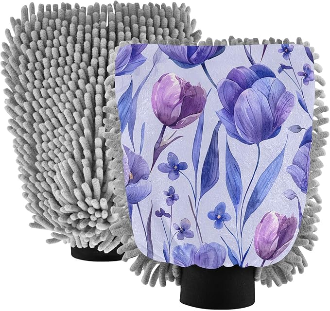 Kigai Purple Flowers Car Wash Mitt 2PCS Ultra Absorbent Chenille Microfiber Car Washing Glove Scratch Free Lint Free Wash Sponge Auto Cleaning Glove, 10.2x7.1 inch