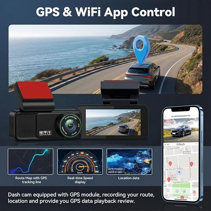SIXTOP 4K Dash Cam Front and Rear, 4K+2K Dual Dash Camera for Cars, ADAS, 5.8GHz WiFi GPS 64GB Card Included, Night Vision, 3.16'' IPS Screen G-Sensor 24H Parking Mode Loop Recording Wide Angle