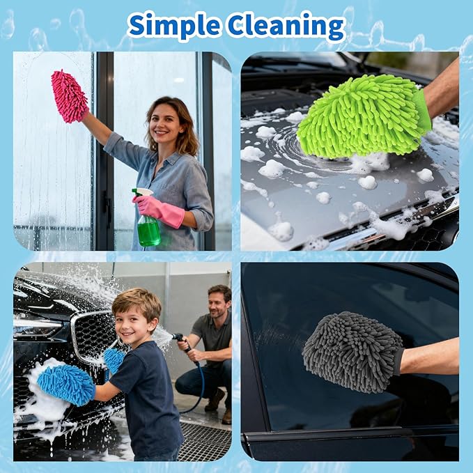 20 Pcs Car Wash Mitt 8.3 x 10.2 Inch Bright Colors Cleaning Drying Mitts Chenille Microfiber Double Sided Glove for Auto Detailing