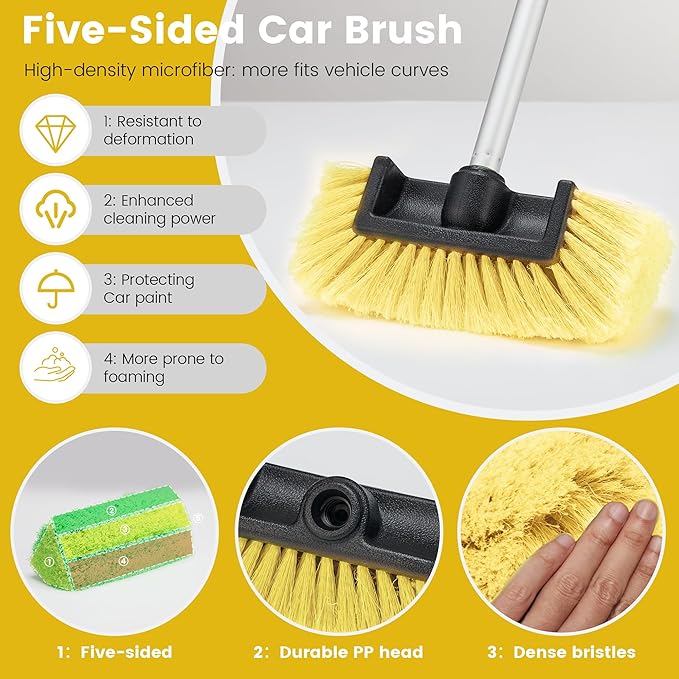 Car Wash Brush with Long Handle, 60'' Soft Bristle Cleaning Brush, Car Cleaning Brushes, Carwash Brushes for SUV, RV, Boat, Truck, House Siding, Sweep Snow, Yellow