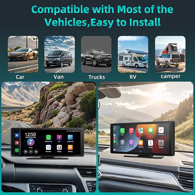 Portable CarPlay Screen for Car 10.26" HD IPS Touchscreen with 4K Dash Cam Front and Rear, 1080P Backup Camera Wireless Carplay & Android Auto Car Audio Receivers