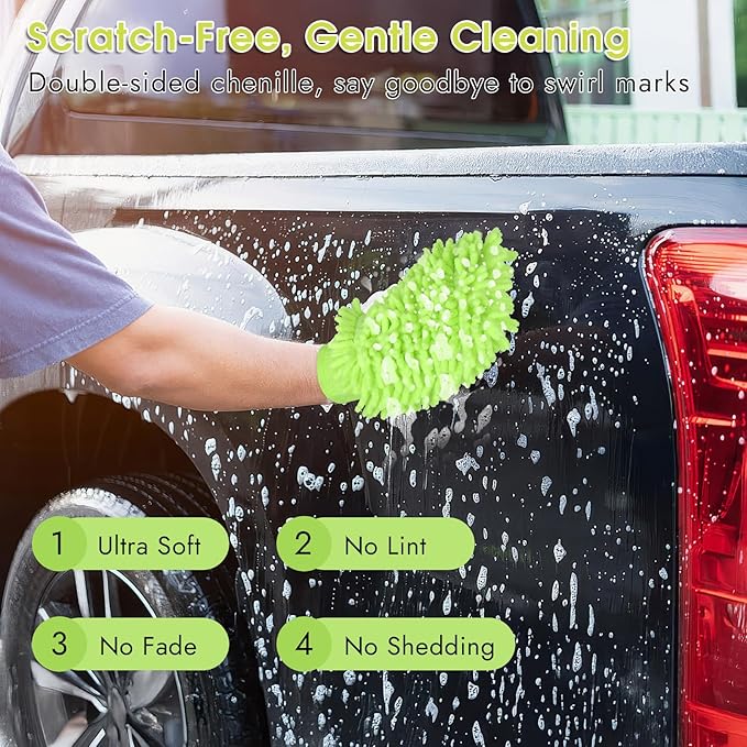 3 Pack Chenille Microfiber Car Wash Mitt, 7" x 9.6" Car Washing Mitts, Home Dusting Gloves, Scratch Free Lint-Free, Highly Absorbent, Double Sided, for Cleaning Detailing Polish (Green)