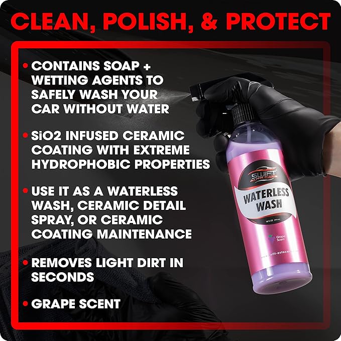 Swift SiO2 Ceramic Waterless Car Wash & Quick Detail Spray (16 Oz) – Hydrophobic Topcoat Sealant | High-Gloss Nano Coating Layer | Repels Dirt & Rain | 3-in-1 Formula Cleans, Polishes, & Protects!
