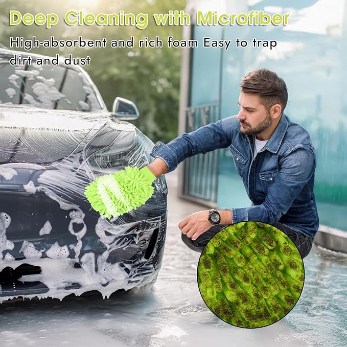3 Pack Chenille Microfiber Car Wash Mitt, 7" x 9.6" Car Washing Mitts, Home Dusting Gloves, Scratch Free Lint-Free, Highly Absorbent, Double Sided, for Cleaning Detailing Polish (Blue,Green,Grey)