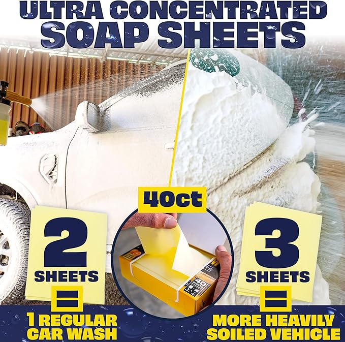 Foam King Car Wash Soap Strip (40ct = 20 Car Washes) - Concentrated Car Cleaning Soap Sheet, No Plastic Bottle - For Foam Cannons Guns, Bucket Wash. Safe for Cars, Trucks, Motorbikes - Citrus Scent