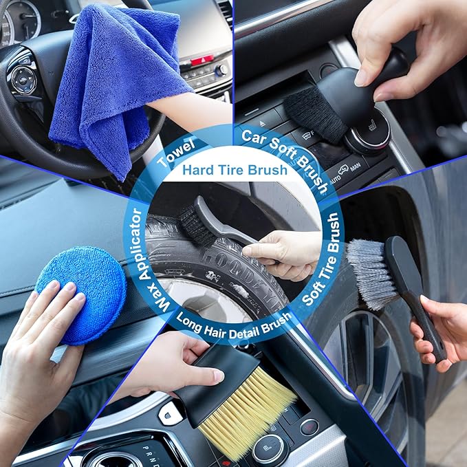 AUTODECO Car Detailing Kit, Car Detailing Brush Set with Wash Mop, Bendable Car Wheel Rim Cleaner Brush Set, Car Detailing Brushes, Car Wash Cleaning Tools Kit for Interior, Exterior, Wheels, Blue