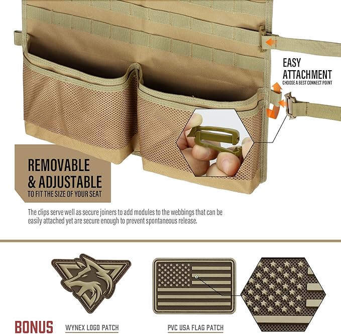 WYNEX Car Seat Organizer, Molle Backseat Cover Organizer Protector with Sling Rack, Visual Pocket and Patch, Universal Vehicle Fits for F150, Jeeps, Pickups & Trucks for Road Trips