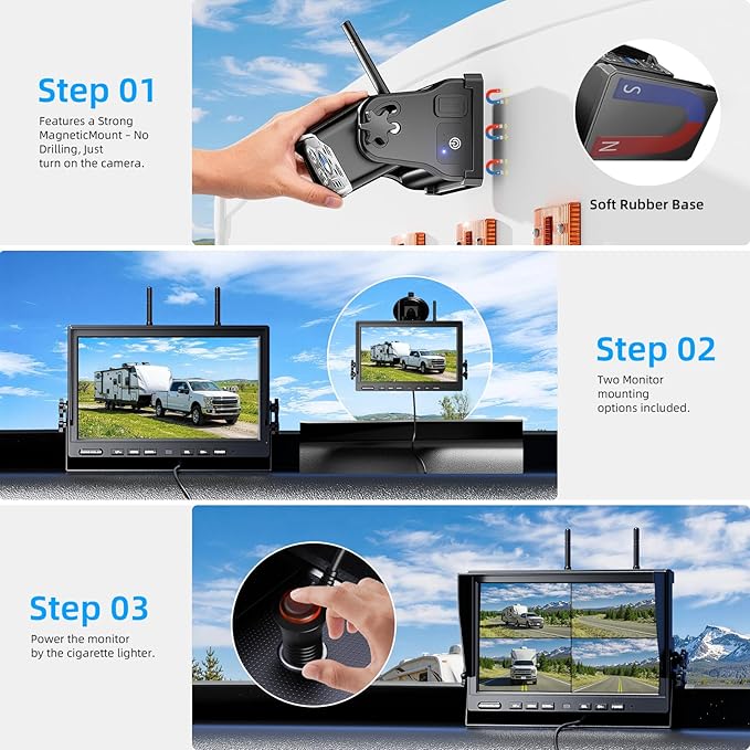 Magnetic RV Wireless Backup Camera, HD 1080P 10" Loop Recording Monitor, 2-Rear View 2-Side View Cameras Wireless System for RV Trailer Trucks, Built-in 9600mAh Battery, Night Vision- ZEROXCLUB BC104
