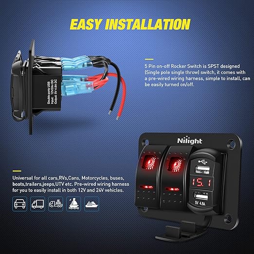 Nilight 2 Gang Rocker Switch Panel Red Backlit with 4.8 Amp Dual USB Charger Voltmeter Waterproof 12V 24V DC Night Glow Stickers for Car Trucks Boats RVs