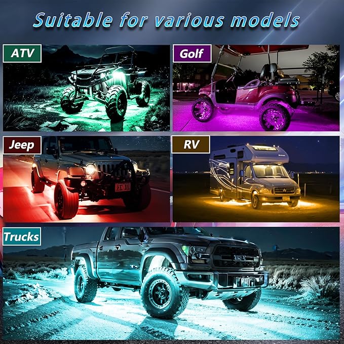 4Pods RGB LED Rock Lights Kit with APP/RF Remote Control, Car Underglow Lights with Brake Music Mode Multicolor Neon Underbody Lights Waterproof 12V for Trucks Pickup Jeep Golf Cart SXS ATV