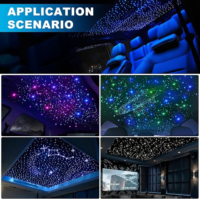 4 Colors 32W Twinkle Starlight Headliner Kit for Car Home with APP&RF Remote,RGBW 900pcs*0.03in*13.1ft Cables Fiber Optic Star Sky Roof Lights,4 Port Engine Sound Activated Car Ceiling Star Lights