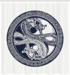 Ambesonne Celtic Dragon Shower Curtain, Mystic Yin Yang Creatures in Round Frame, Cloth Fabric Bathroom Decor Set with Hooks, 69" W x 84" L, Violet Blue Off White
