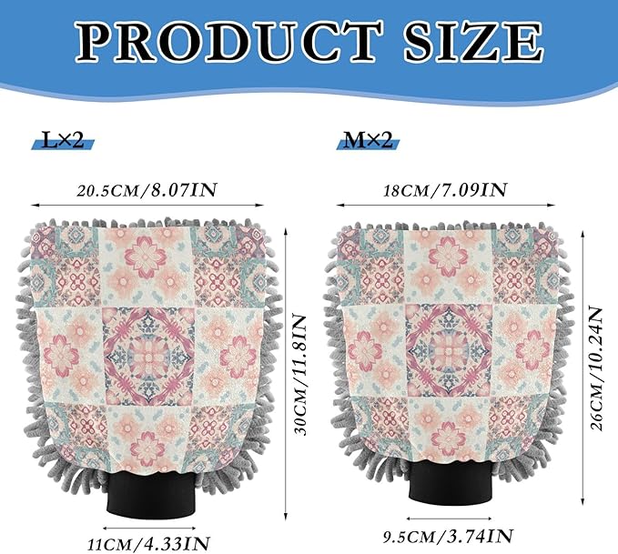 Qilmy Floral Geometric Pattern Microfiber Chenille Car Wash Sponge Scratch Free Car Wash Mitt Absorbent Mitt Sponge for Trucks SUVs Car Washing Home Cleaning, Medium