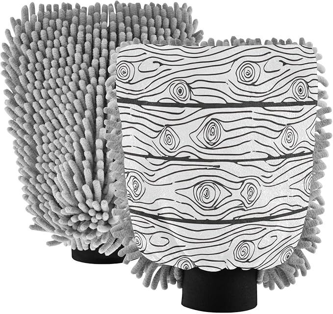Qilmy Hand Drawn Wood Microfiber Chenille Car Wash Sponge Scratch Free Car Wash Mitt Absorbent Mitt Sponge for Trucks SUVs Car Washing Home Cleaning, Medium