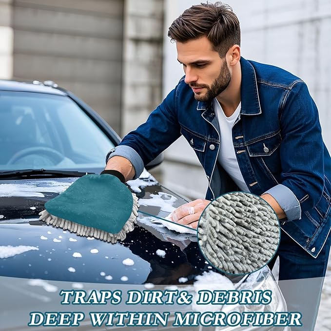 Qilmy Navy Blue Microfiber Chenille Car Wash Sponge Scratch Free Car Wash Mitt Absorbent Mitt Sponge for Trucks SUVs Car Washing Home Cleaning, Large