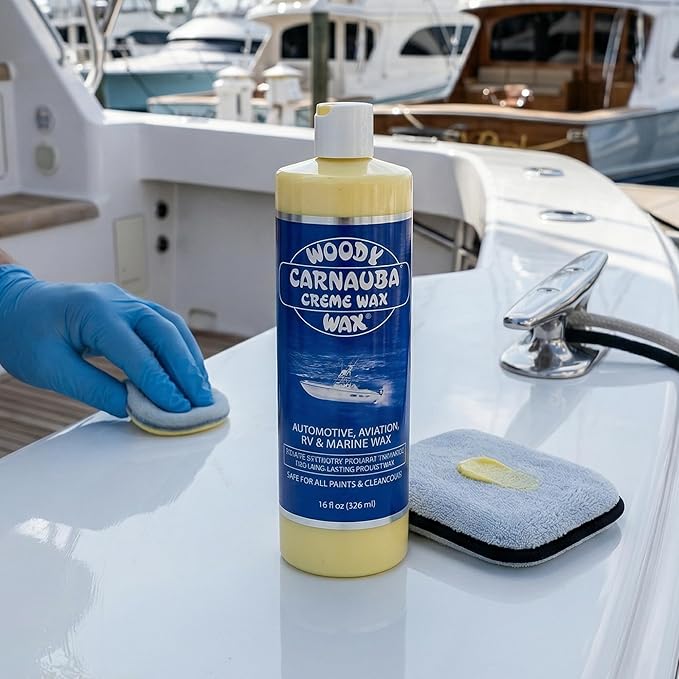 Woody Wax Carnauba Creme Wax, Professional High-Gloss Marine, RV & Aviation Wax, UV Protection for Paint & Clear Coat, Detergent Resistant Polymers, Covers Light Scratches and Removes Oxidation, 16 oz