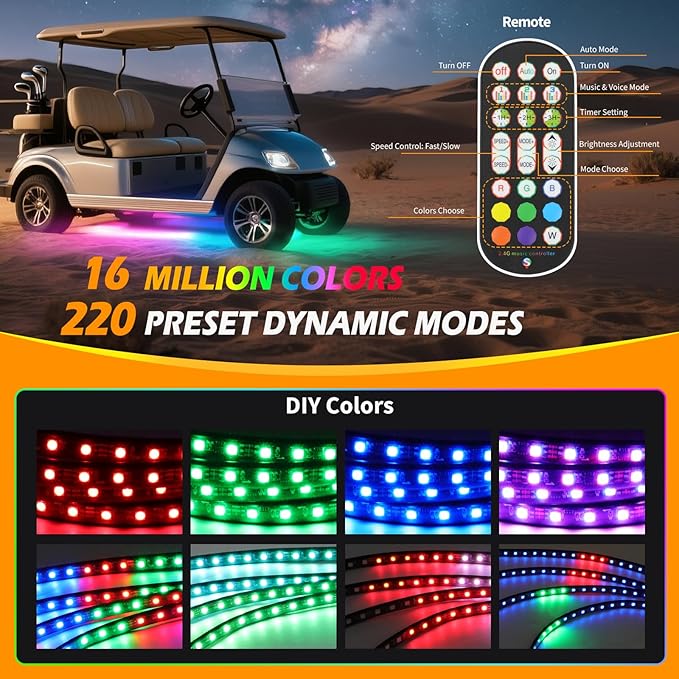 4PCS Golf Cart Underglow LED Light Strip Dream Color Neon Accent Lighting Kit APP/Remote Control Sound Active Music Sync Waterproof 12V-65V Input Compatible with EZGO Yamaha Club Car