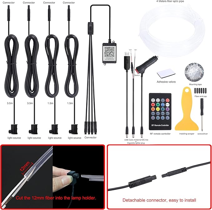 Car Atmosphere Light Kit 4m Fiber Optic RGB Multicolor Sound Active Music Sync Memory Function RF Remote Controller + Bluetooth APP Control 64 Colors USB Car Interior Ambient Lighting Kit 12V