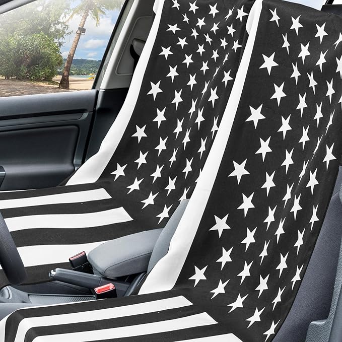 Hahafelt 2 Pack Car Seat Towel Covers with Storage Bag, 63 x 32 Inch Universal Non Slip Waterproof Sweat Protector for Car Truck, Gym Swimming Running, Machine Washable (Black White American Flag)