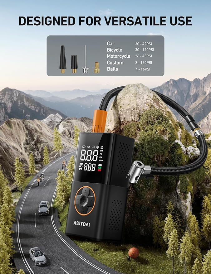 AstroAI L7 Tire Inflator Portable Air Compressor Cordless-2pack Bike Pump with Digital Dual Values Display, 150 PSI Car Tires Pump with LED Lights Air Pump for Cars, Motorcycles, Bikes, Balls Orange