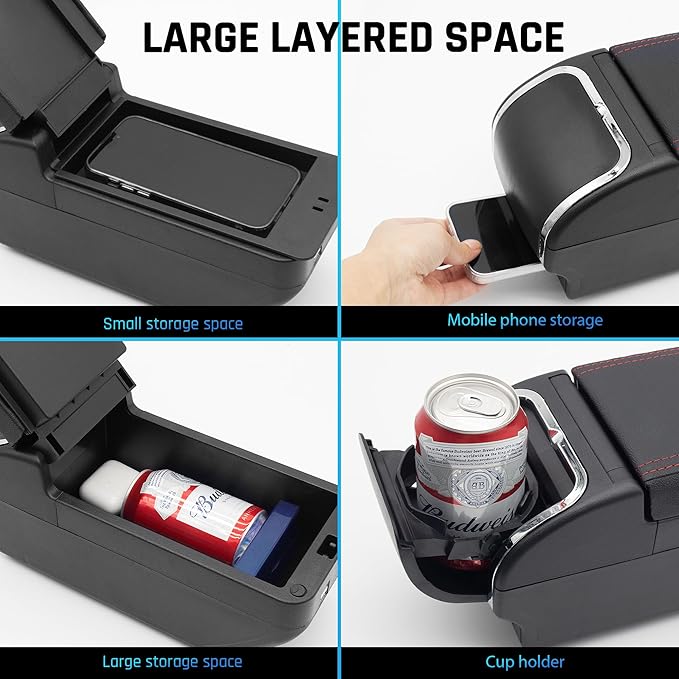 YJYWZH Armrest Box for Nissan Almera Versa 2012-2019 Car Center Storage Box Organizer Interior Hand Centre Consoles with 4 USB Ports Cup Holder Arm Rest Double-Layer Black Accessories