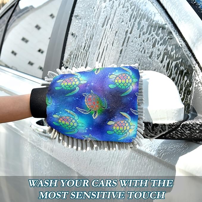 Qilmy Turtle Silhouette Pattern Microfiber Chenille Car Wash Sponge Scratch Free Car Wash Mitt Absorbent Mitt Sponge for Trucks SUVs Car Washing Home Cleaning, Medium