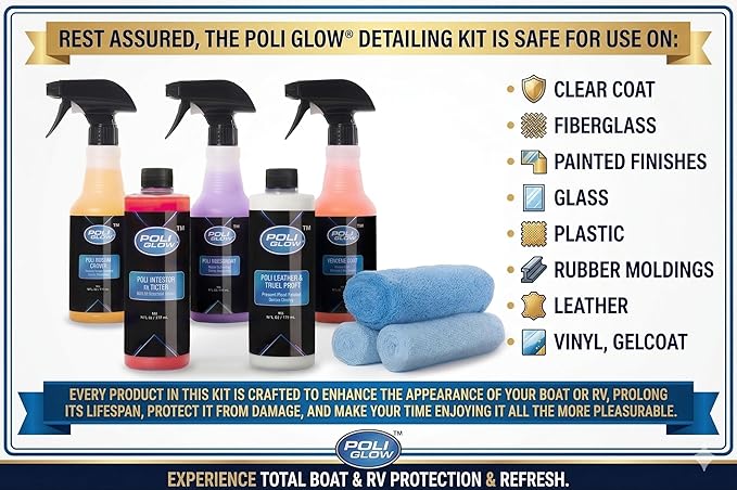 Poli Glow® 16 oz Vehicle Detailing Kit – All-in-One Cleaner & Protectant Set for Cars, Boats & RVs – Includes Interior, Exterior, Leather & Ceramic Detailers + Microfiber Towels – 7-Piece Kit