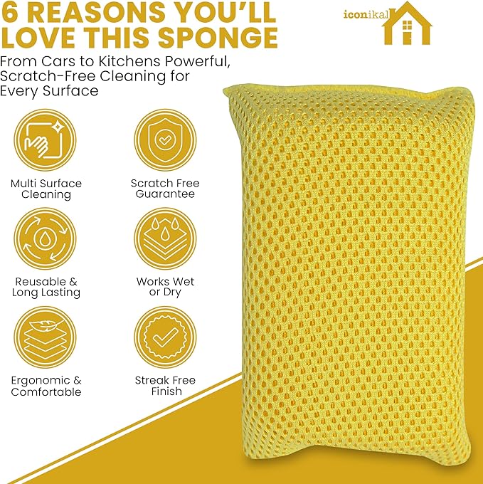 Iconikal 6-Pack Bug Scrubber Sponge 5.9x3.5-Inch Yellow Microfiber Large Car Wash Reusable for Paint Chrome Glass RV Motorcycle Cleaning