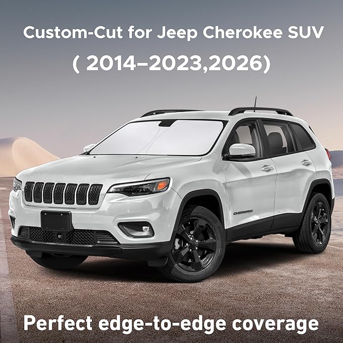 EcoNour Windshield Sunshade Compatible for Jeep Cherokee SUV (Not for Jeep Grand Cherokee) 2014-2021 2022 2023, 2026, Sun Visor for Front Window Sun Shade Cover, UV Heat Protector, Car Accessories