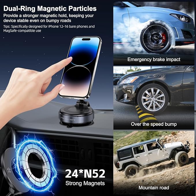 Jikasho Vacuum Magnetic Car Phone Holder for Magsafe, Hands-Free 360° Adjustable Suction Cup Phone Mount for Car/Gym/Mirror/Smooth Surface, Compatible with iPhone & Android (Silver Black)